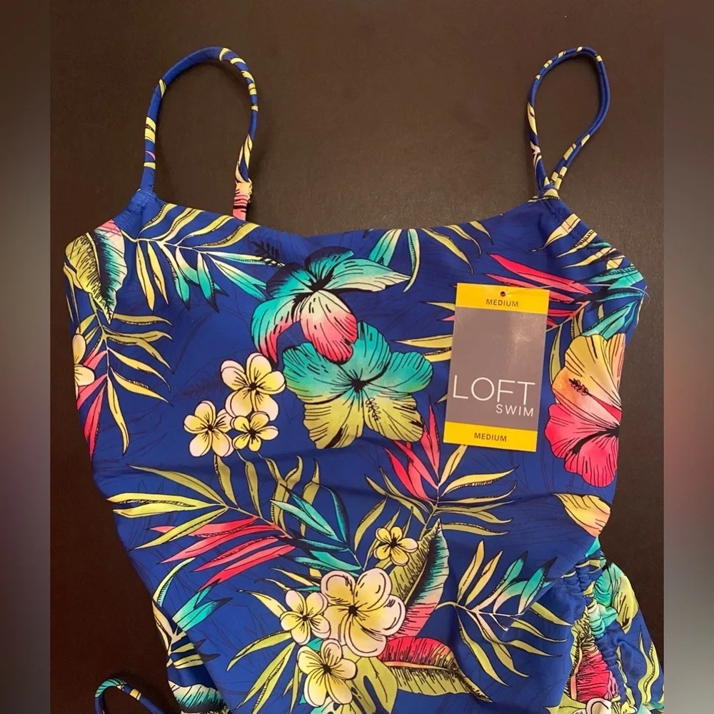 NWT Loft Women's Shirred Side Tie One-Piece Swimsuit Blue Tropical Size Medium - Picture 8 of 14